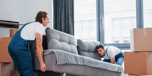 Carrying heavy sofa. Two young movers in blue uniform working indoors in the room.