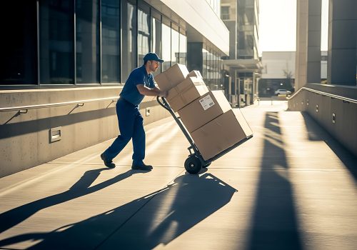 A delivery man is pushing a cart with boxes on the street. He is wearing a blue uniform and a cap. The boxes are stacked high on the cart. The street is empty and quiet.