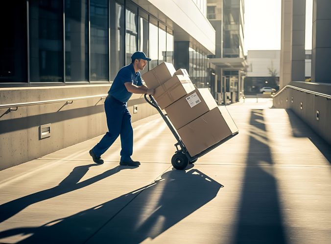 A delivery man is pushing a cart with boxes on the street. He is wearing a blue uniform and a cap. The boxes are stacked high on the cart. The street is empty and quiet.