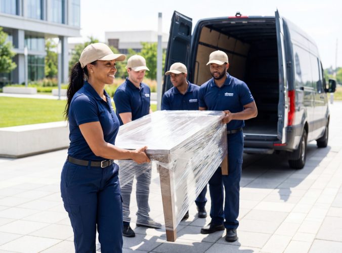 A diverse team of professional movers, including a strong female, unloads a wrapped table from a delivery van, emphasizing teamwork and service