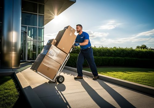 A man in uniform is moving boxes with a cart outside of a modern building on a sunny day. He is working hard to deliver the packages to their destination.