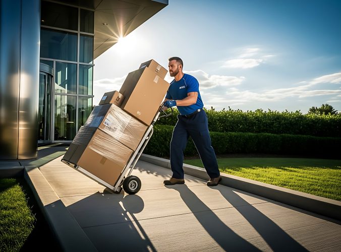 A man in uniform is moving boxes with a cart outside of a modern building on a sunny day. He is working hard to deliver the packages to their destination.