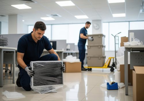 Professional mover carefully wrapping a computer monitor for office relocation