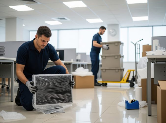 Professional mover carefully wrapping a computer monitor for office relocation