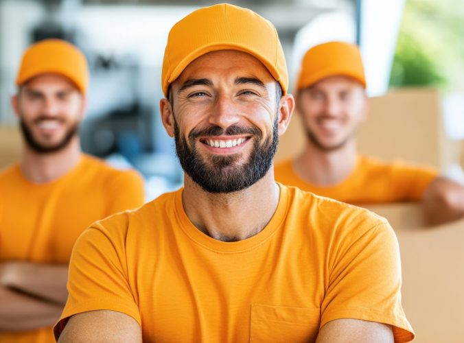 Smiling movers in orange uniforms, ready for action. Teamwork, efficiency, and professionalism in every move. Contact us for your moving needs.